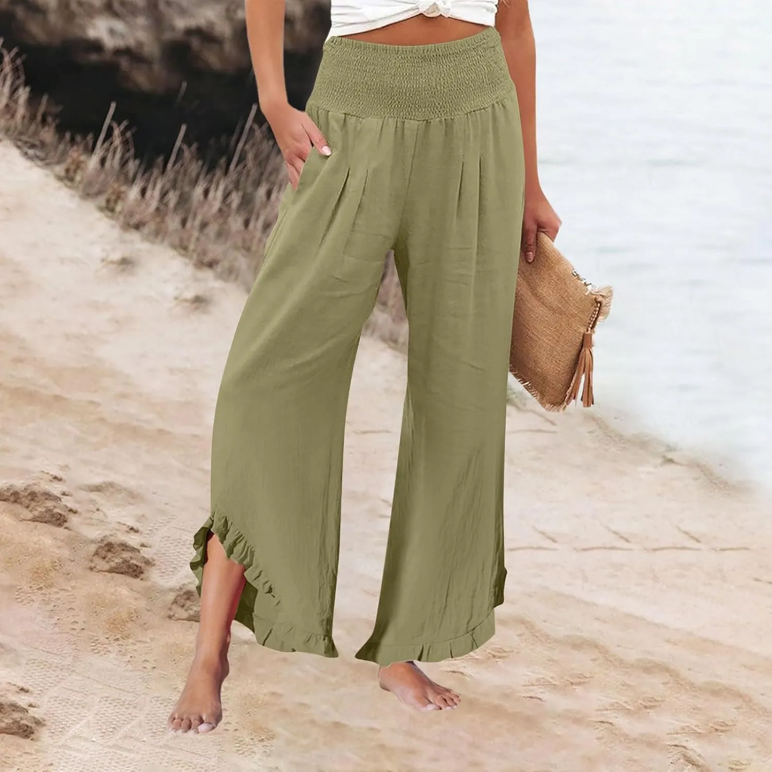 Linen Palazzo Pants for Women Casual Smocked Waisted Ruffle Hem Wide Leg Pants Summer Loose Beach Pant with Pockets