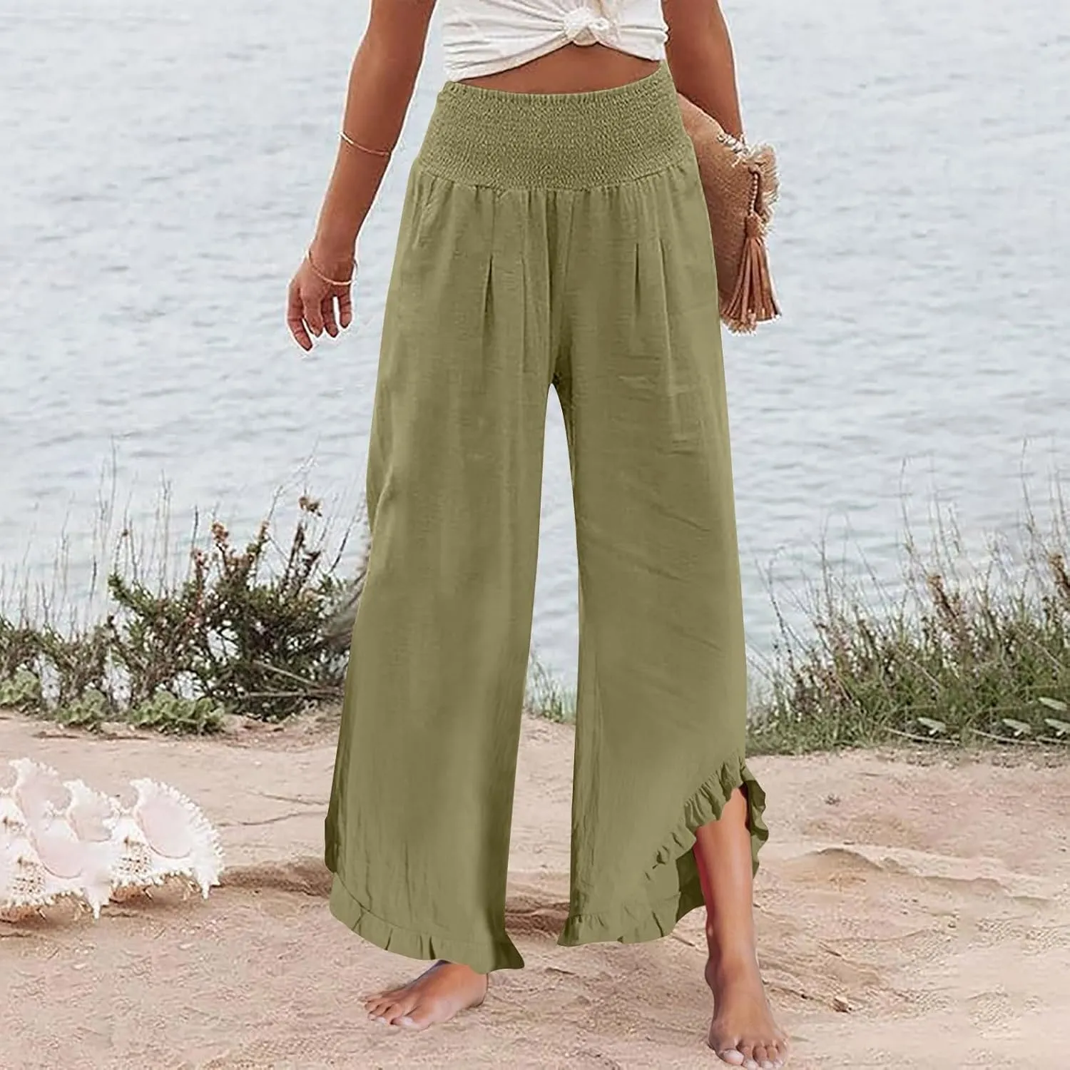 Linen Palazzo Pants for Women Casual Smocked Waisted Ruffle Hem Wide Leg Pants Summer Loose Beach Pant with Pockets