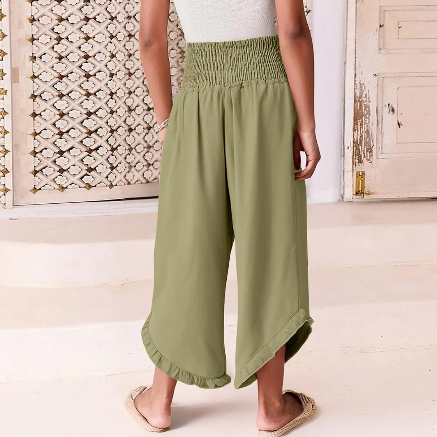 Linen Palazzo Pants for Women Casual Smocked Waisted Ruffle Hem Wide Leg Pants Summer Loose Beach Pant with Pockets