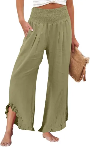 Linen Palazzo Pants for Women Casual Smocked Waisted Ruffle Hem Wide Leg Pants Summer Loose Beach Pant with Pockets