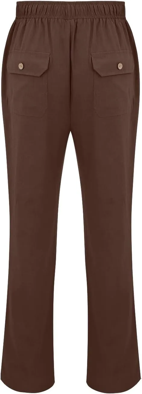 Linen Pants for Men Loose Fit Elastic Drawstring Waist Lounge Beach Pants Summer Casual Straight Leg Dress Trousers