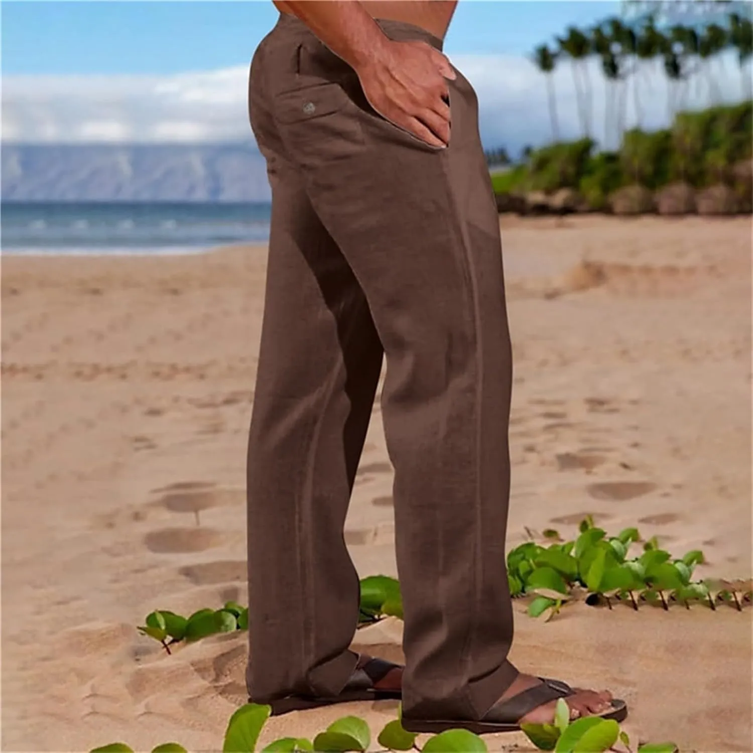 Linen Pants for Men Loose Fit Elastic Drawstring Waist Lounge Beach Pants Summer Casual Straight Leg Dress Trousers