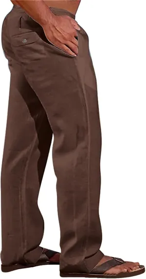 Linen Pants for Men Loose Fit Elastic Drawstring Waist Lounge Beach Pants Summer Casual Straight Leg Dress Trousers