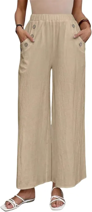 Linen Pants for Women 2025 Casual High Waist Wide Leg Palazzo Pants Summer Button Down Trousers with Pockets