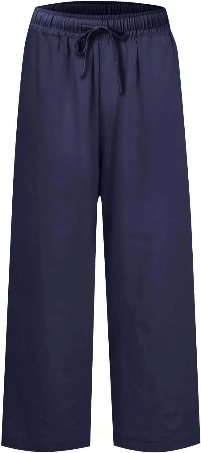 Linen Pants for Women Elastic High Waisted Straight Leg Trousers Casual Summer Wide Leg Cropped Pants with Pockets