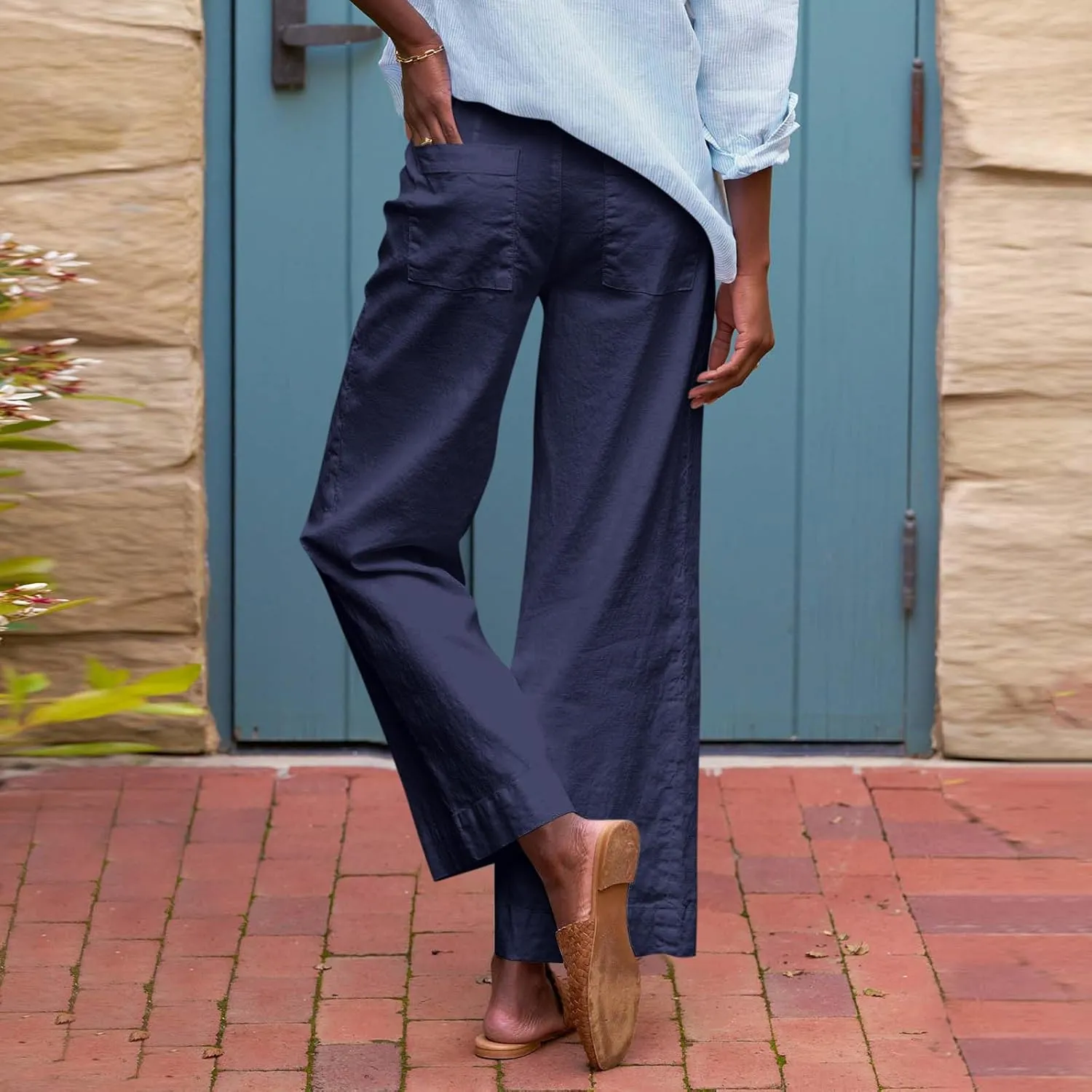 Linen Pants for Women Elastic High Waisted Straight Leg Trousers Casual Summer Wide Leg Cropped Pants with Pockets