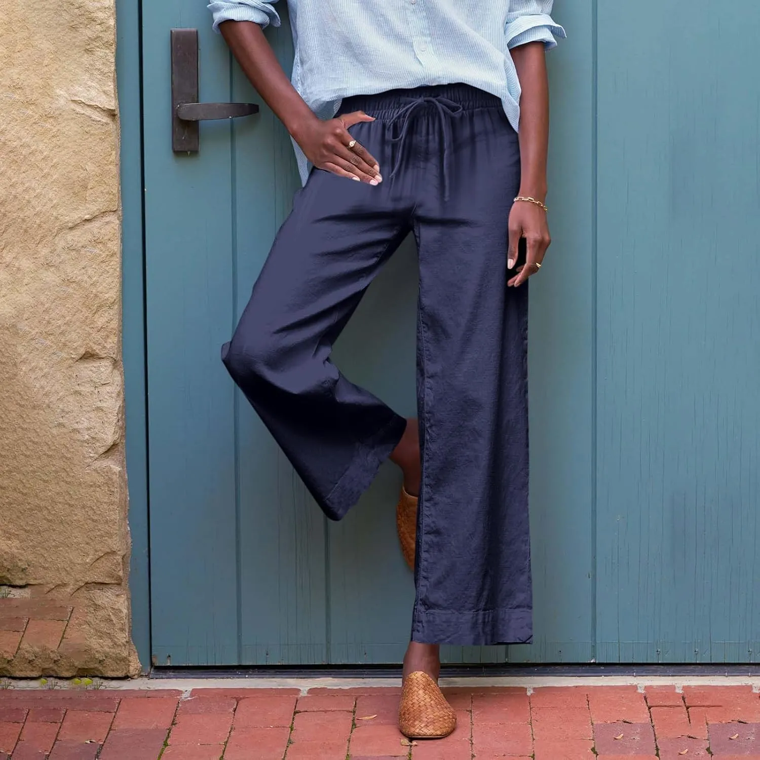 Linen Pants for Women Elastic High Waisted Straight Leg Trousers Casual Summer Wide Leg Cropped Pants with Pockets