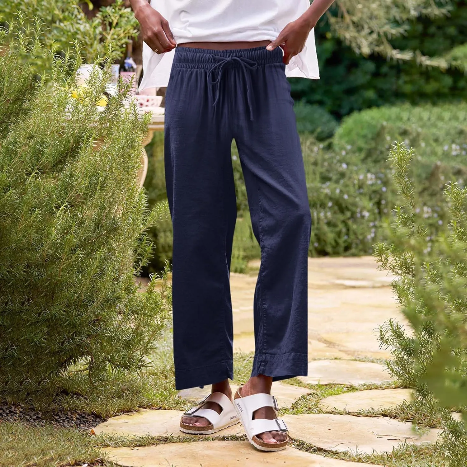 Linen Pants for Women Elastic High Waisted Straight Leg Trousers Casual Summer Wide Leg Cropped Pants with Pockets