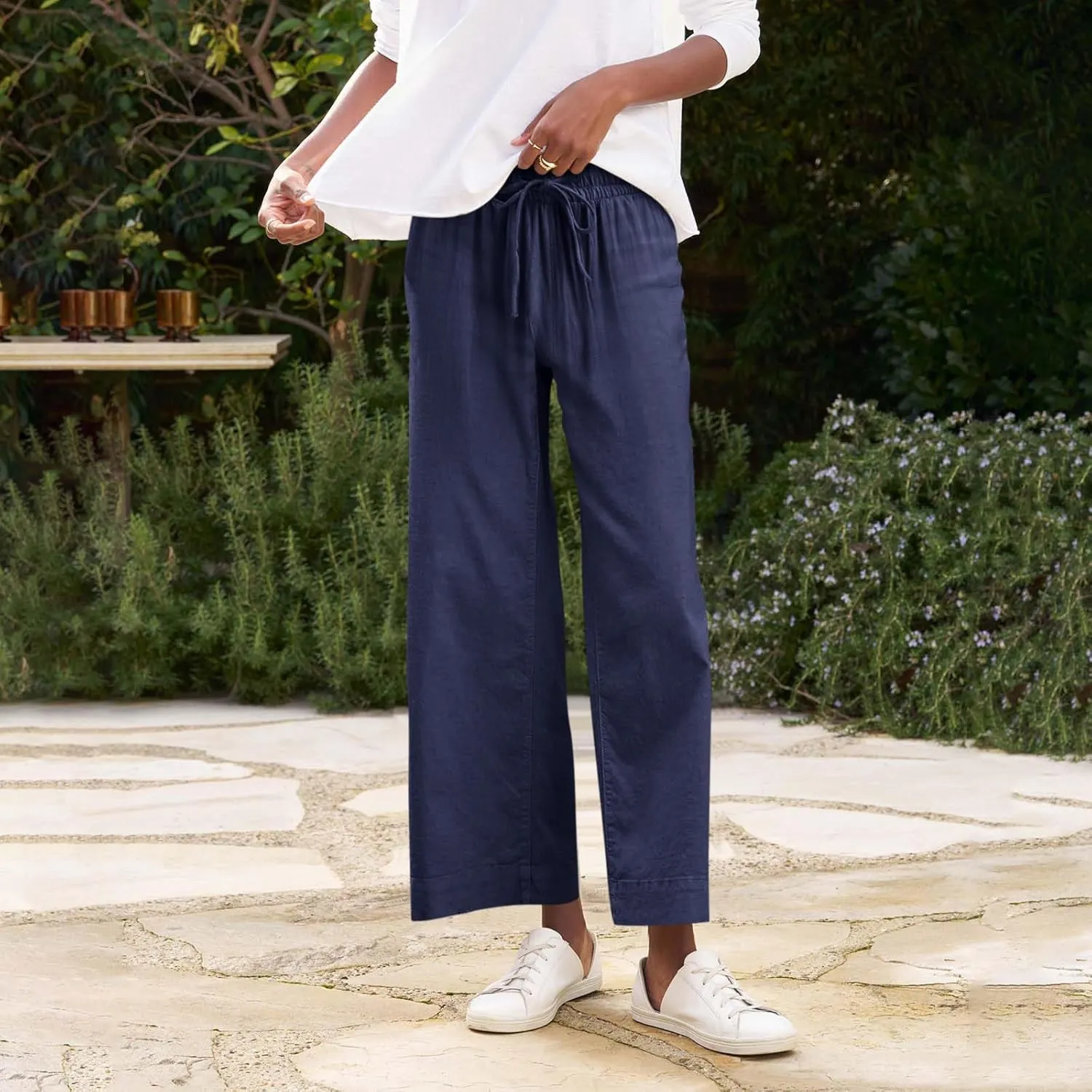 Linen Pants for Women Elastic High Waisted Straight Leg Trousers Casual Summer Wide Leg Cropped Pants with Pockets