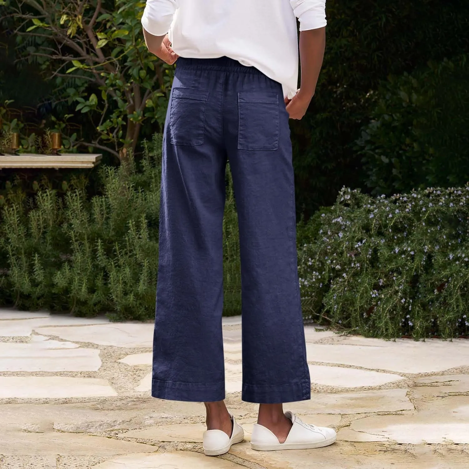 Linen Pants for Women Elastic High Waisted Straight Leg Trousers Casual Summer Wide Leg Cropped Pants with Pockets