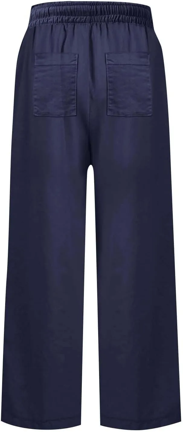 Linen Pants for Women Elastic High Waisted Straight Leg Trousers Casual Summer Wide Leg Cropped Pants with Pockets