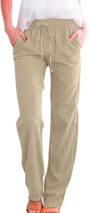 Linen Pants for Women High Waist Casual Wide Leg Trouser Drawstring Summer Pant with Pocket Beach Palazzo Sweatpant