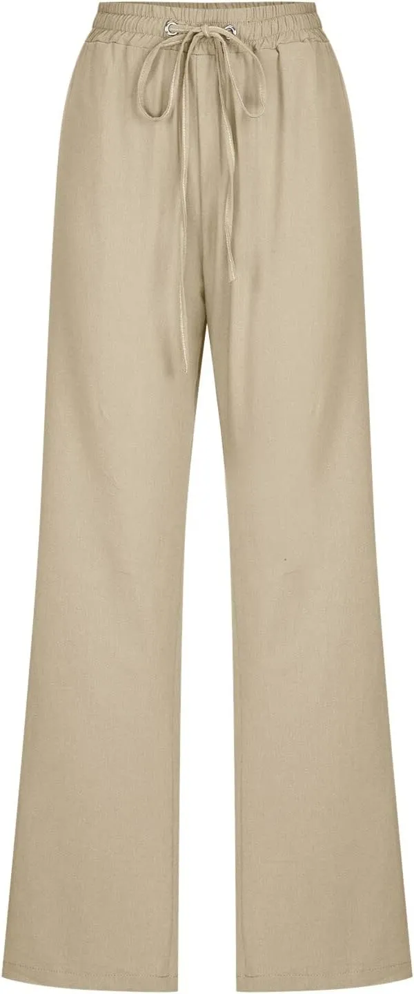 Linen Pants for Women High Waist Casual Wide Leg Trouser Drawstring Summer Pant with Pocket Beach Palazzo Sweatpant