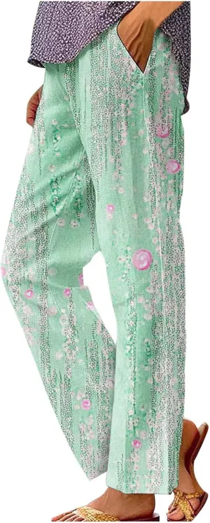 Linen Pants for Women High Waisted Wide Leg Trousers Trendy Gradient Color Printed Elastic Waist Summer Gauze Pants