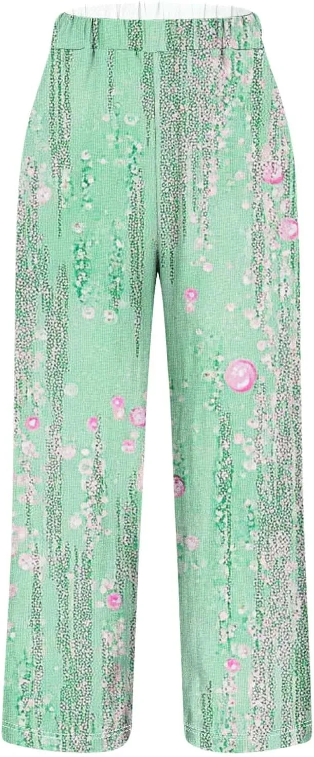 Linen Pants for Women High Waisted Wide Leg Trousers Trendy Gradient Color Printed Elastic Waist Summer Gauze Pants