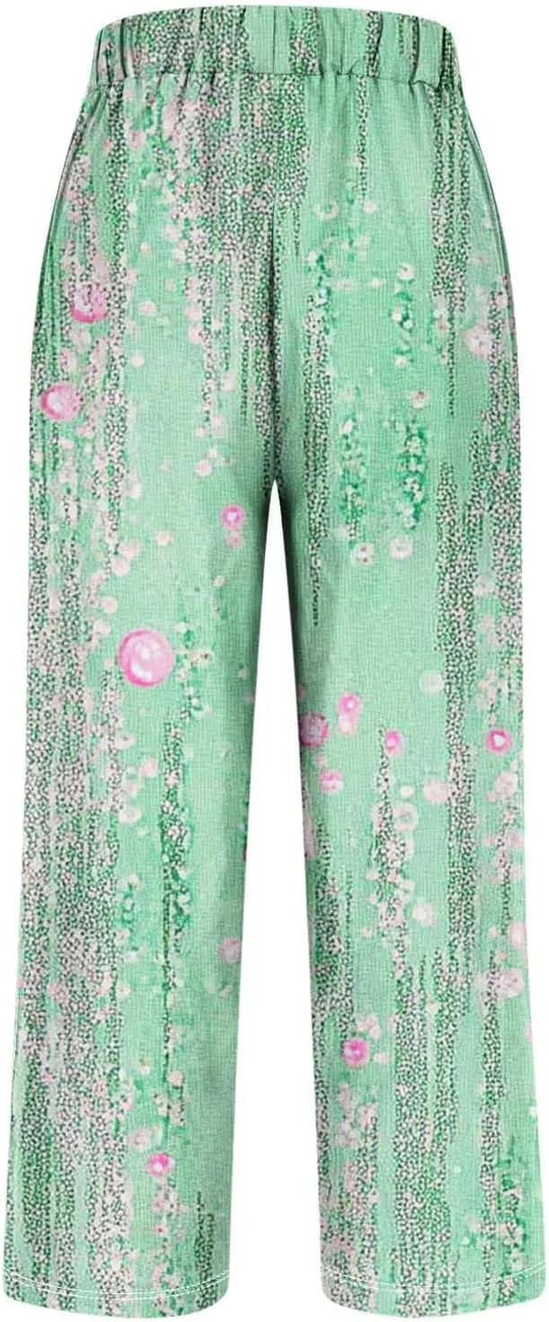 Linen Pants for Women High Waisted Wide Leg Trousers Trendy Gradient Color Printed Elastic Waist Summer Gauze Pants