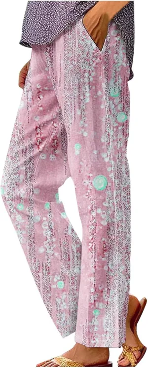 Linen Pants for Women High Waisted Wide Leg Trousers Trendy Gradient Color Printed Elastic Waist Summer Gauze Pants