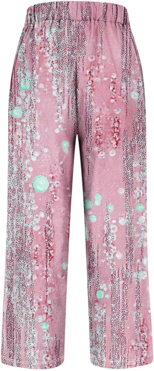 Linen Pants for Women High Waisted Wide Leg Trousers Trendy Gradient Color Printed Elastic Waist Summer Gauze Pants