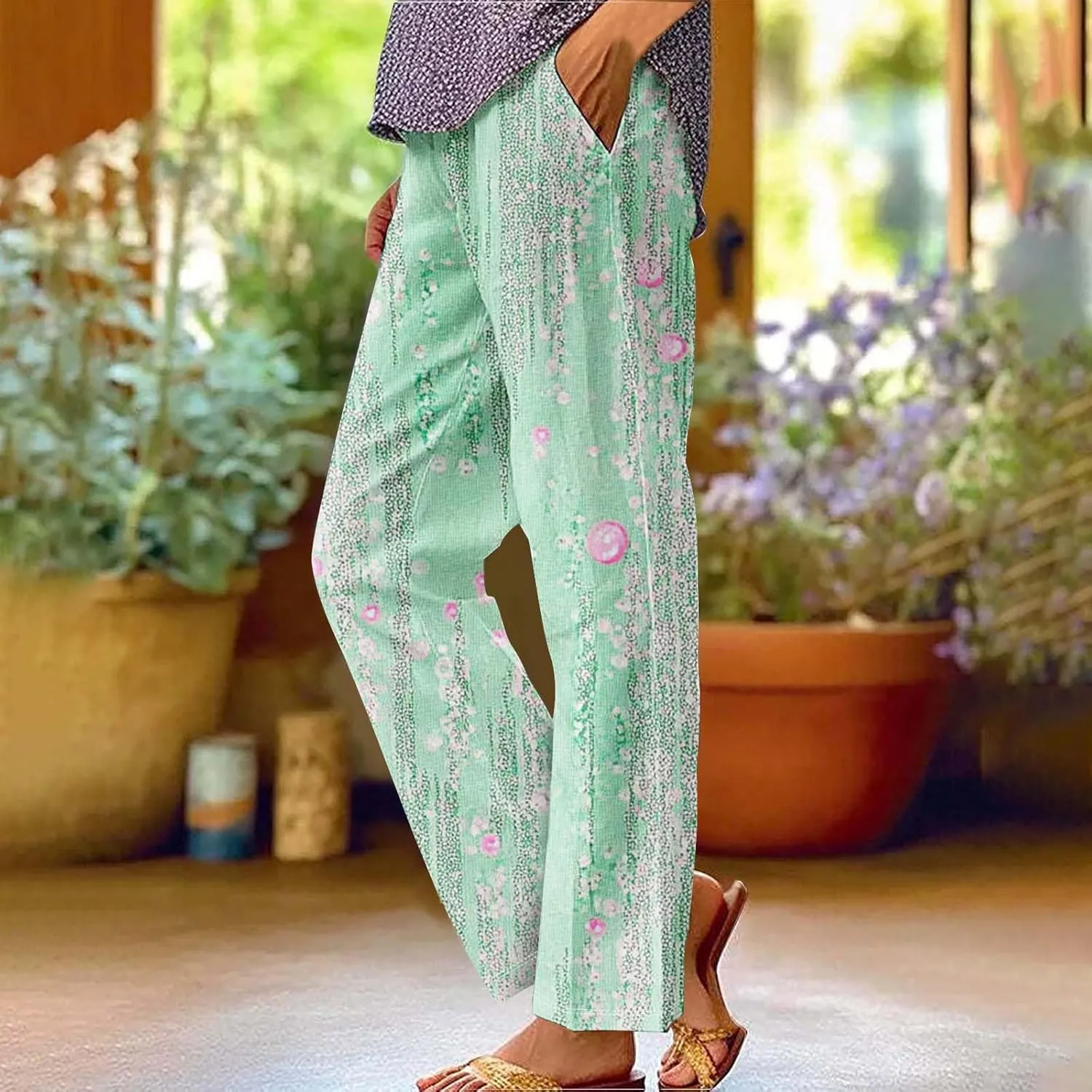Linen Pants for Women High Waisted Wide Leg Trousers Trendy Gradient Color Printed Elastic Waist Summer Gauze Pants