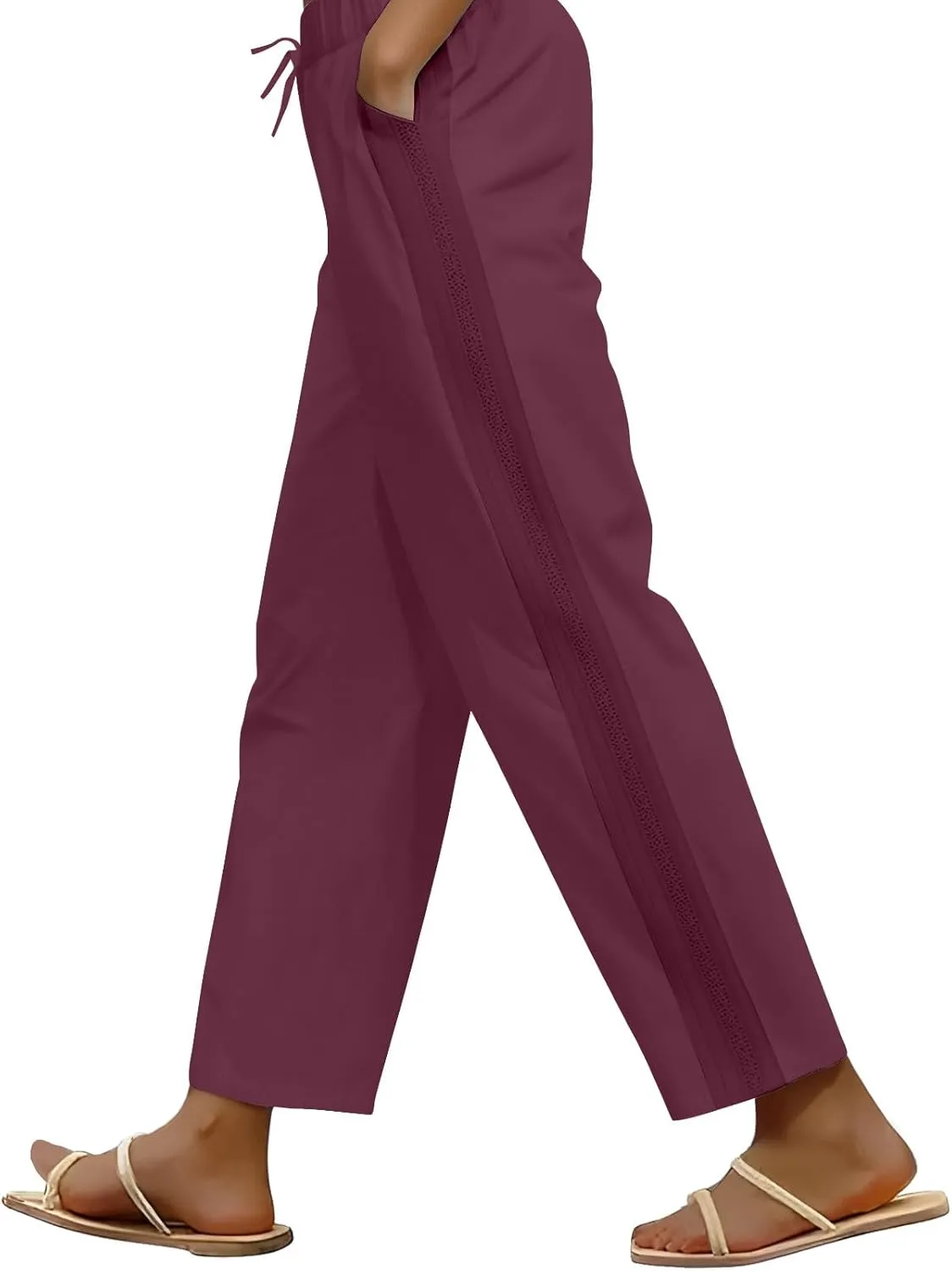 Linen Pants for Women Loose Fit Summer Casual Boho Straight Leg Solid Color High Waist Linen Pants Plus Size Lounge Trousers