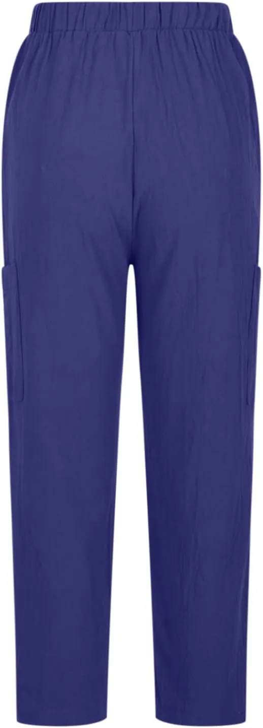 Linen Pants for Women Summer Beach Straight Leg Trousers Casual Elastic Waist Breathable Slacks Pants with Pocket