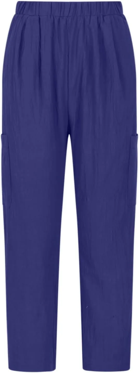 Linen Pants for Women Summer Beach Straight Leg Trousers Casual Elastic Waist Breathable Slacks Pants with Pocket