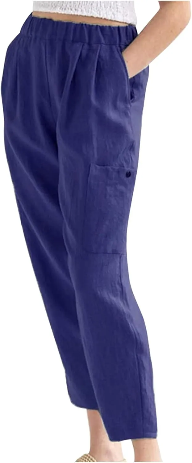 Linen Pants for Women Summer Beach Straight Leg Trousers Casual Elastic Waist Breathable Slacks Pants with Pocket