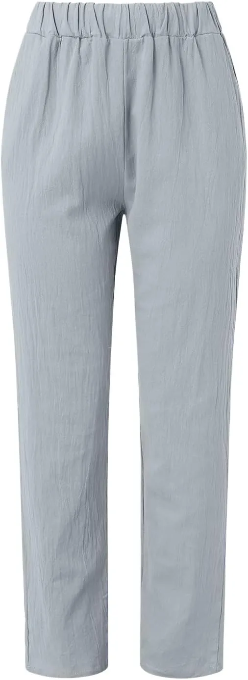 Linen Pants for Women Summer Casual Elastic High Waisted Straight Leg Lounge Pants Beach Loose Lightweight Trousers