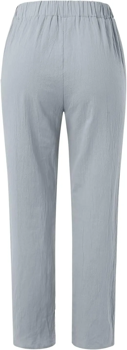 Linen Pants for Women Summer Casual Elastic High Waisted Straight Leg Lounge Pants Beach Loose Lightweight Trousers