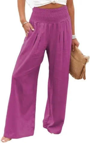 Linen Pants for Women Wide Leg Elastic High Waisted Palazzo Pants Lounge Yoga Trousers Beach Pants with Pockets