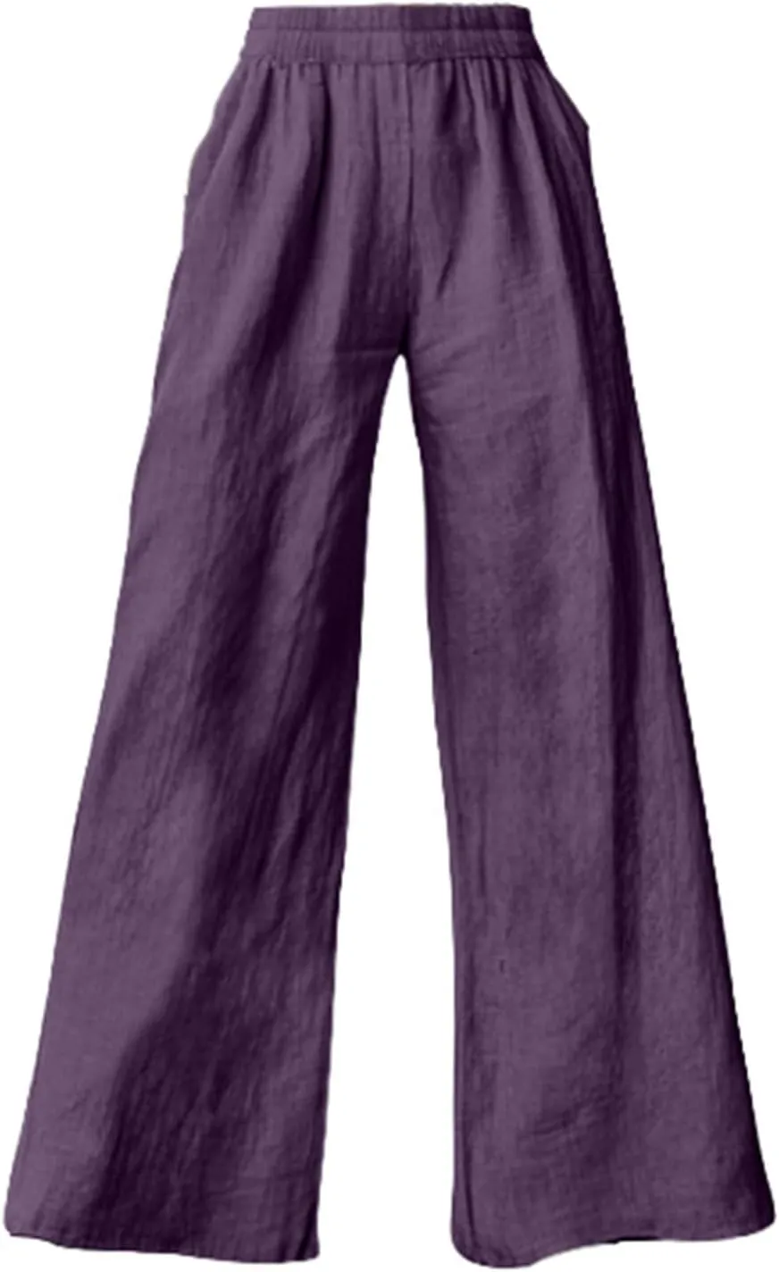 Linen Pants for Womens Elastic Waist Wide Leg Casual Trousers Summer Cool Comfy Loose Fit Pants with Pocket Plus Size