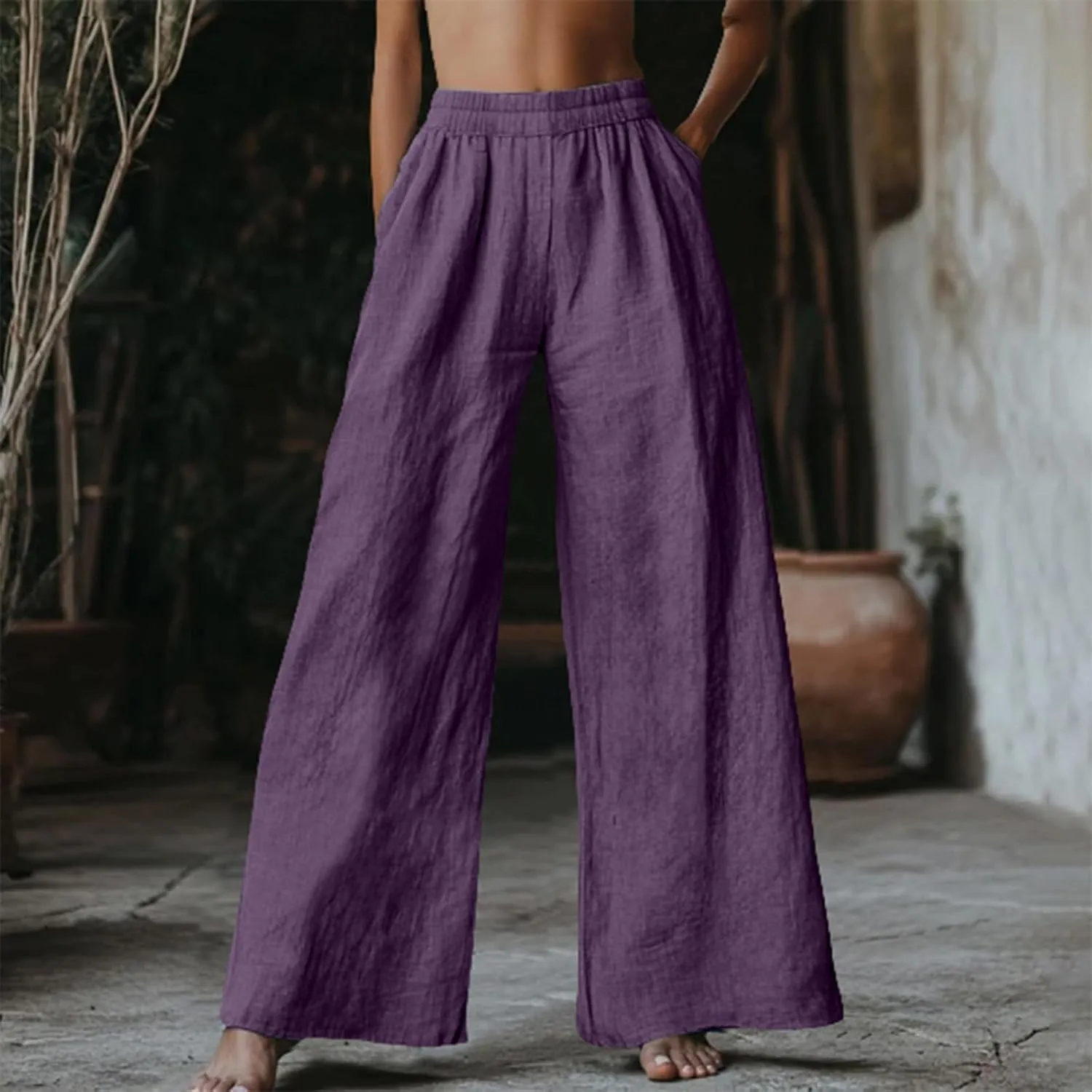 Linen Pants for Womens Elastic Waist Wide Leg Casual Trousers Summer Cool Comfy Loose Fit Pants with Pocket Plus Size