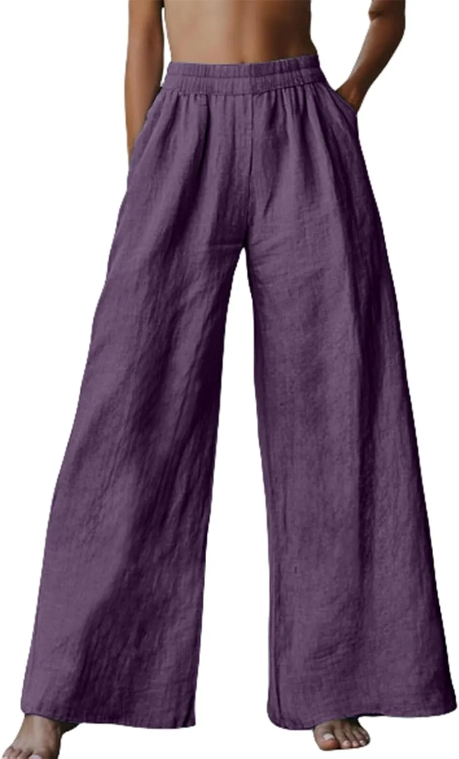 Linen Pants for Womens Elastic Waist Wide Leg Casual Trousers Summer Cool Comfy Loose Fit Pants with Pocket Plus Size