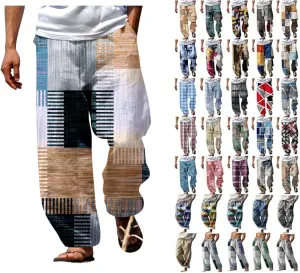 Linen Pants Men Tall Summer Printed Cotton Linen Pants Drawstring Elastic Waist Straight Leg Beach Yoga Pants Casual Breathable Baggy Pants Slim Fit with Pockets (B9-White,Large)