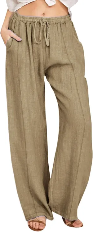 Linen Pants Women 2025 Summer Beach Lounge Palazzo Trousers Loose Elastic Plus Size Drawstring with Pockets Pants