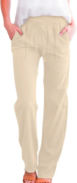 Linen Pants Women 2025 Summer Drawstring Pants Casual Loose Wide Leg Lounge Pants Trousers for Beach Travel Vacation