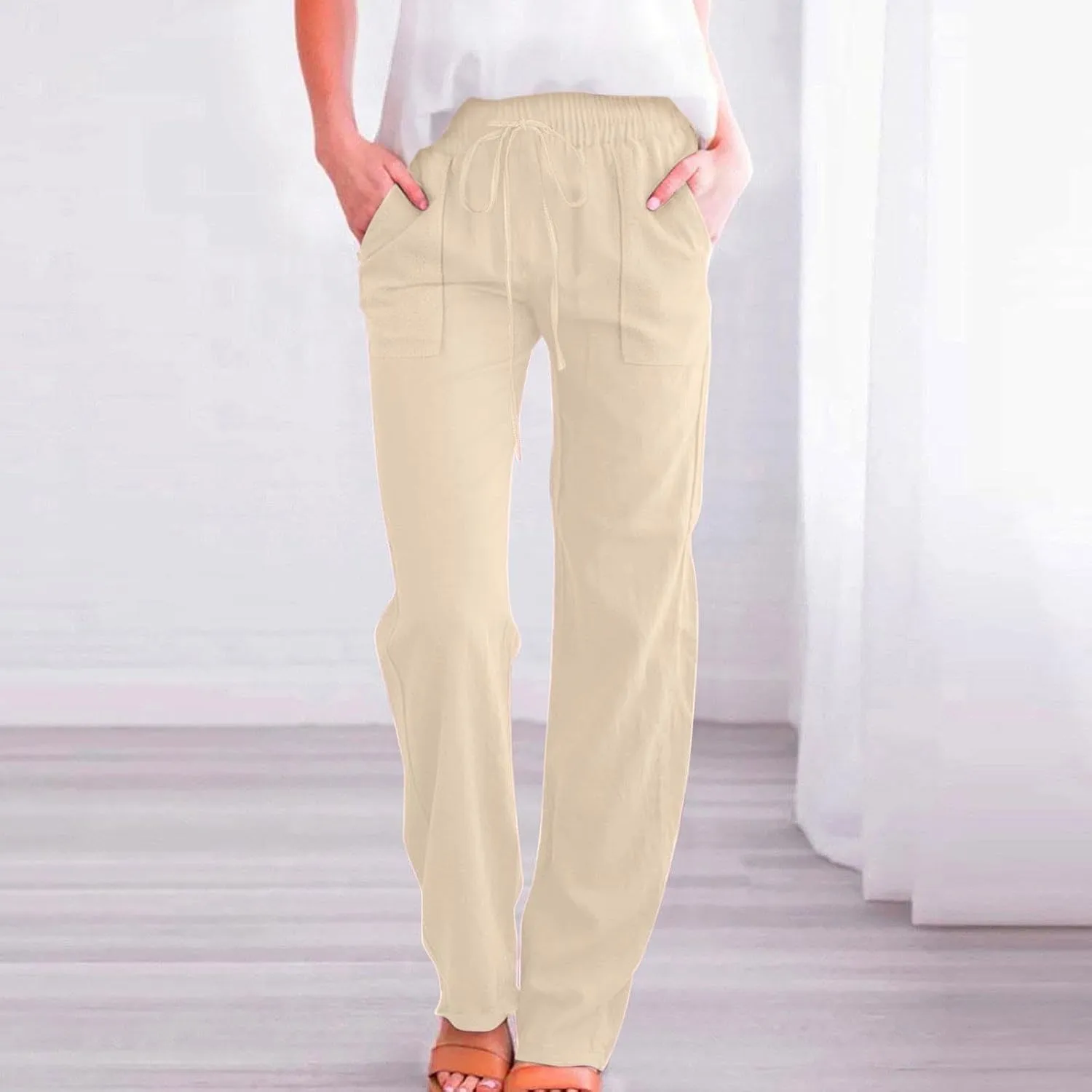 Linen Pants Women 2025 Summer Drawstring Pants Casual Loose Wide Leg Lounge Pants Trousers for Beach Travel Vacation