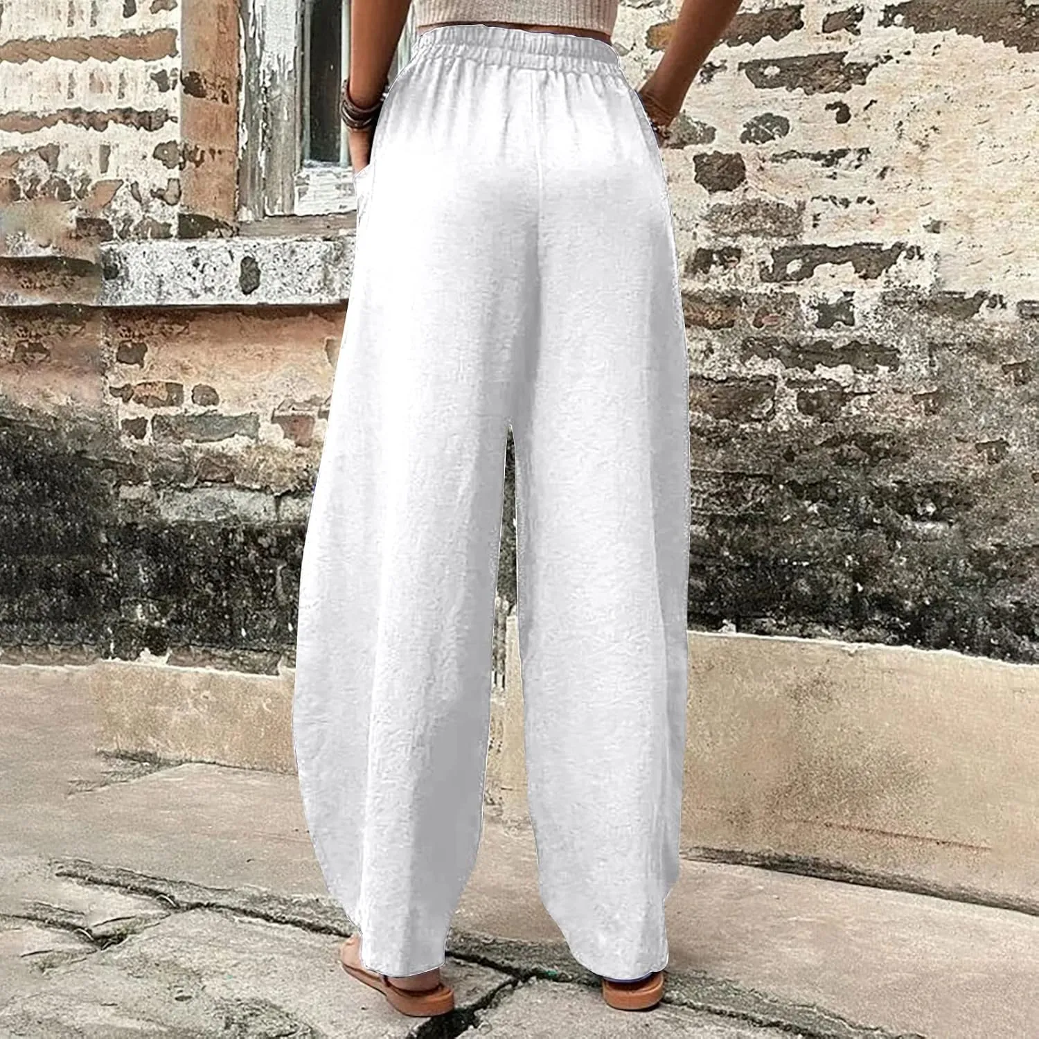Linen Pants Women 2025 Summer Elastic High Waist Wide Leg Trousers Casual Loose Fit Harem Palazzo with Pockets