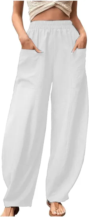 Linen Pants Women 2025 Summer Elastic High Waist Wide Leg Trousers Casual Loose Fit Harem Palazzo with Pockets