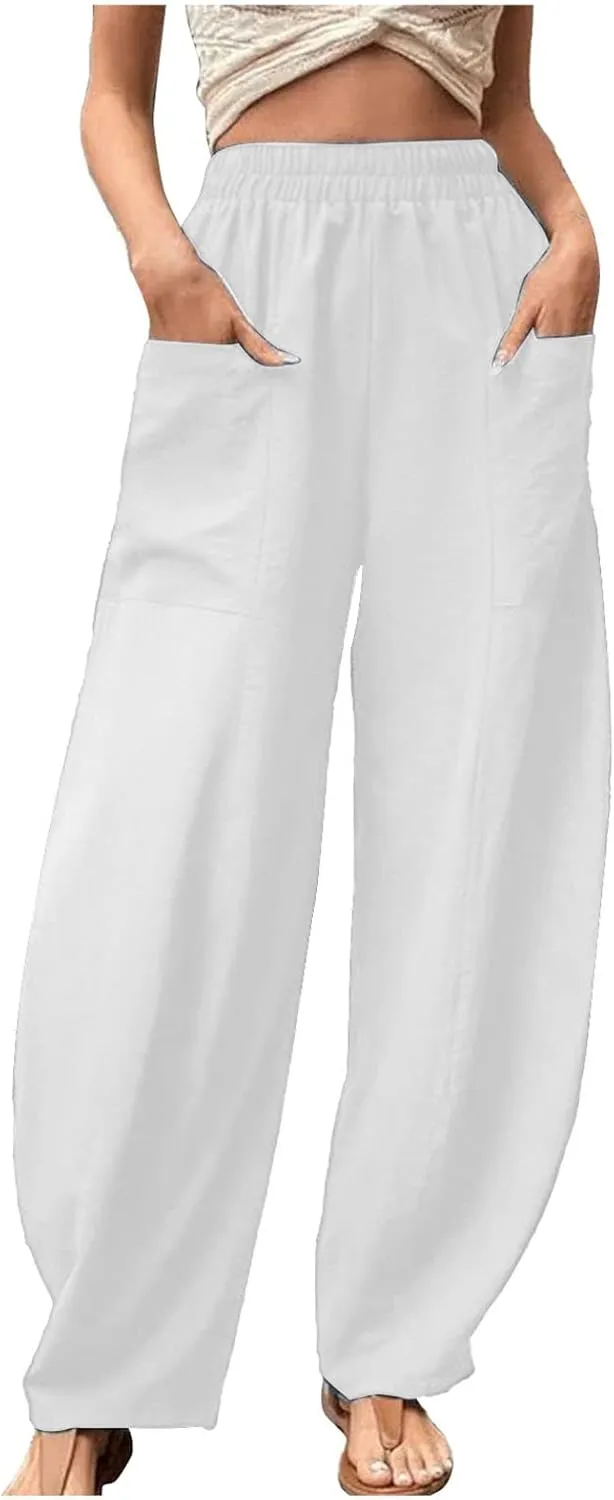 Linen Pants Women 2025 Summer Elastic High Waist Wide Leg Trousers Casual Loose Fit Harem Palazzo with Pockets