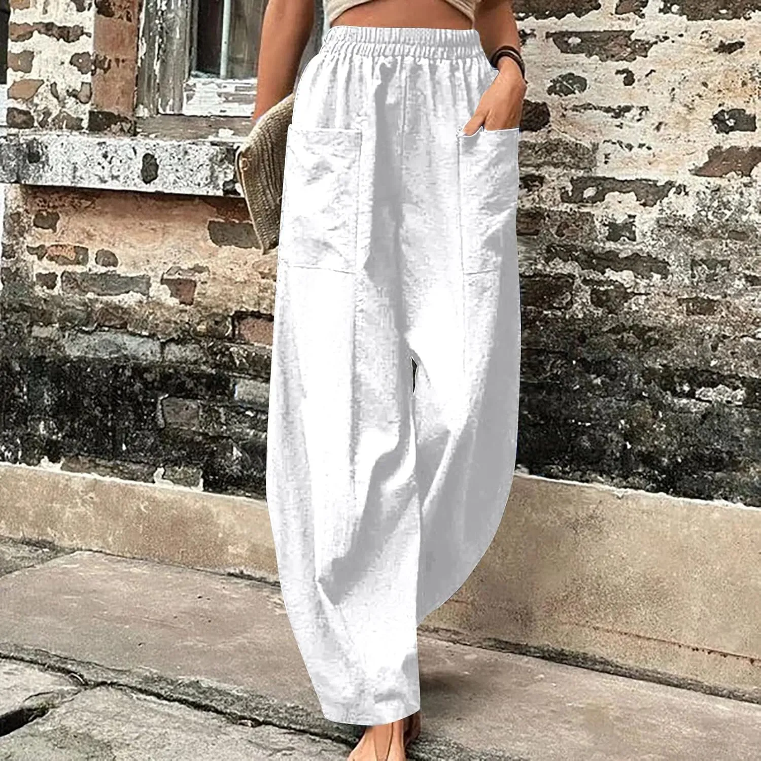Linen Pants Women 2025 Summer Elastic High Waist Wide Leg Trousers Casual Loose Fit Harem Palazzo with Pockets