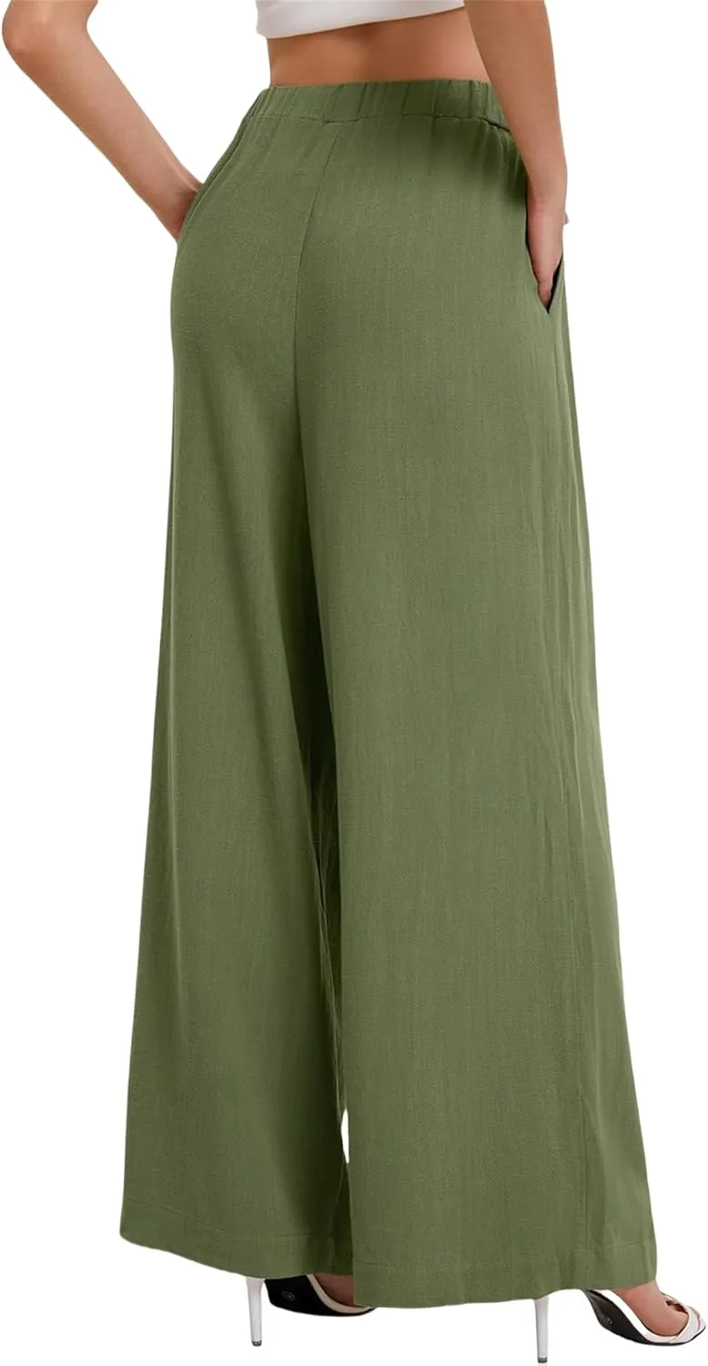 Linen Pants Women Beach Wide Leg Pants Casual Boho Summer Palazzo Pants High Waist Flowy Lounge Trousers with Pocket