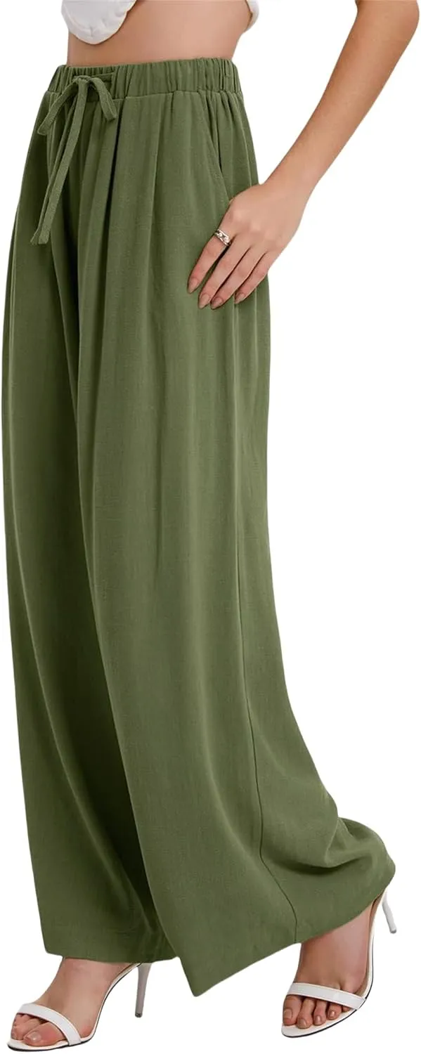 Linen Pants Women Beach Wide Leg Pants Casual Boho Summer Palazzo Pants High Waist Flowy Lounge Trousers with Pocket