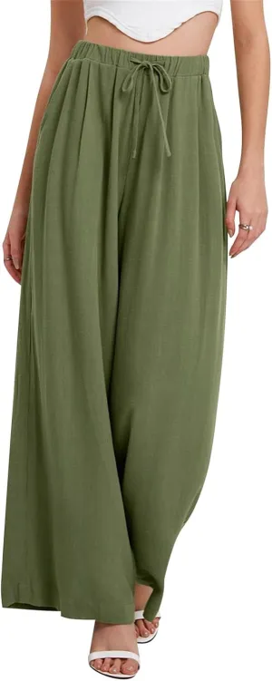Linen Pants Women Beach Wide Leg Pants Casual Boho Summer Palazzo Pants High Waist Flowy Lounge Trousers with Pocket