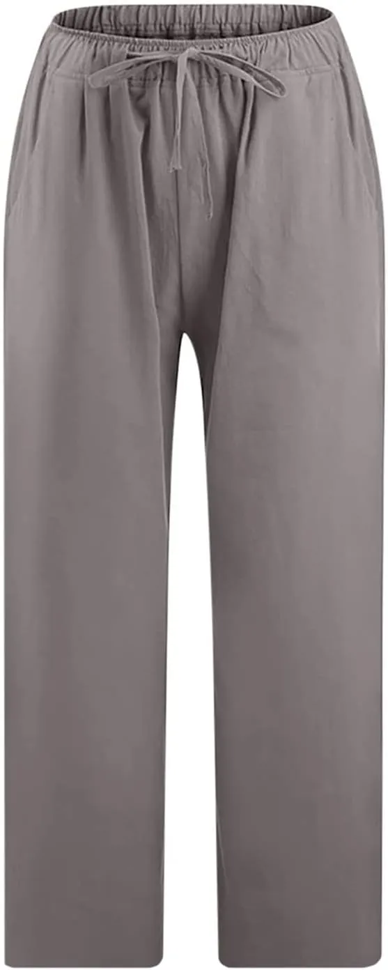 Linen Pants Women Casual Cotton Drawstring Mid Rise Wide Leg Trousers Lightweight Summer Beach Palazzo Capris Pants