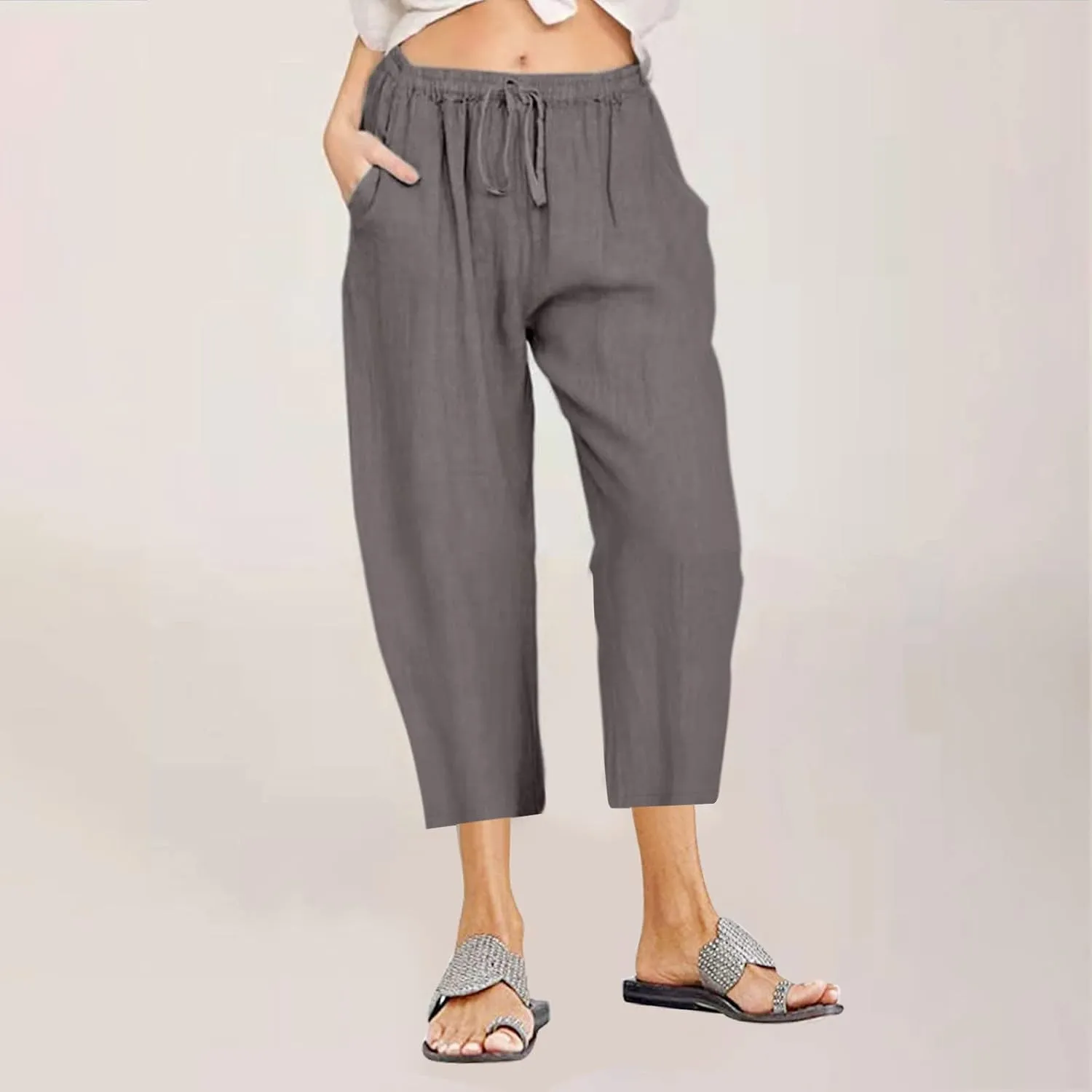 Linen Pants Women Casual Cotton Drawstring Mid Rise Wide Leg Trousers Lightweight Summer Beach Palazzo Capris Pants