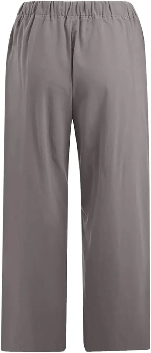 Linen Pants Women Casual Cotton Drawstring Mid Rise Wide Leg Trousers Lightweight Summer Beach Palazzo Capris Pants
