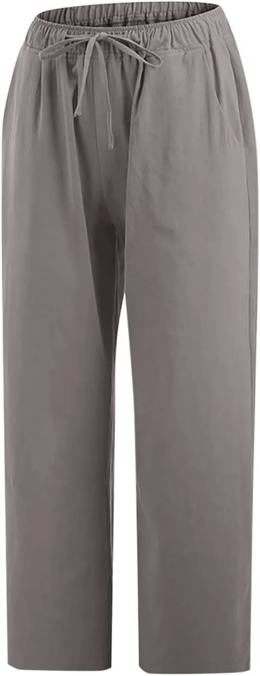 Linen Pants Women Casual Cotton Drawstring Mid Rise Wide Leg Trousers Lightweight Summer Beach Palazzo Capris Pants