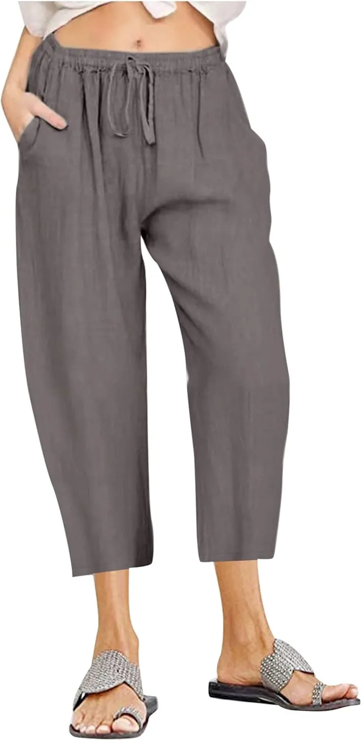 Linen Pants Women Casual Cotton Drawstring Mid Rise Wide Leg Trousers Lightweight Summer Beach Palazzo Capris Pants