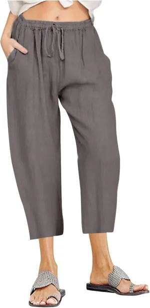 Linen Pants Women Casual Cotton Drawstring Mid Rise Wide Leg Trousers Lightweight Summer Beach Palazzo Capris Pants
